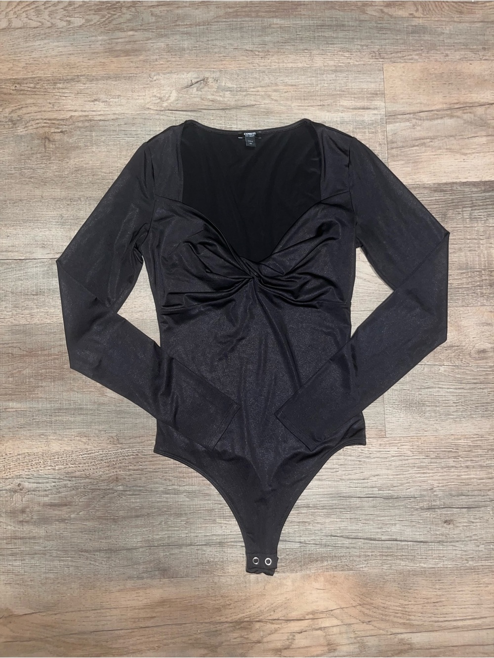 Express Shimmery Black Twist-Front Long Sleeve Bodysuit
